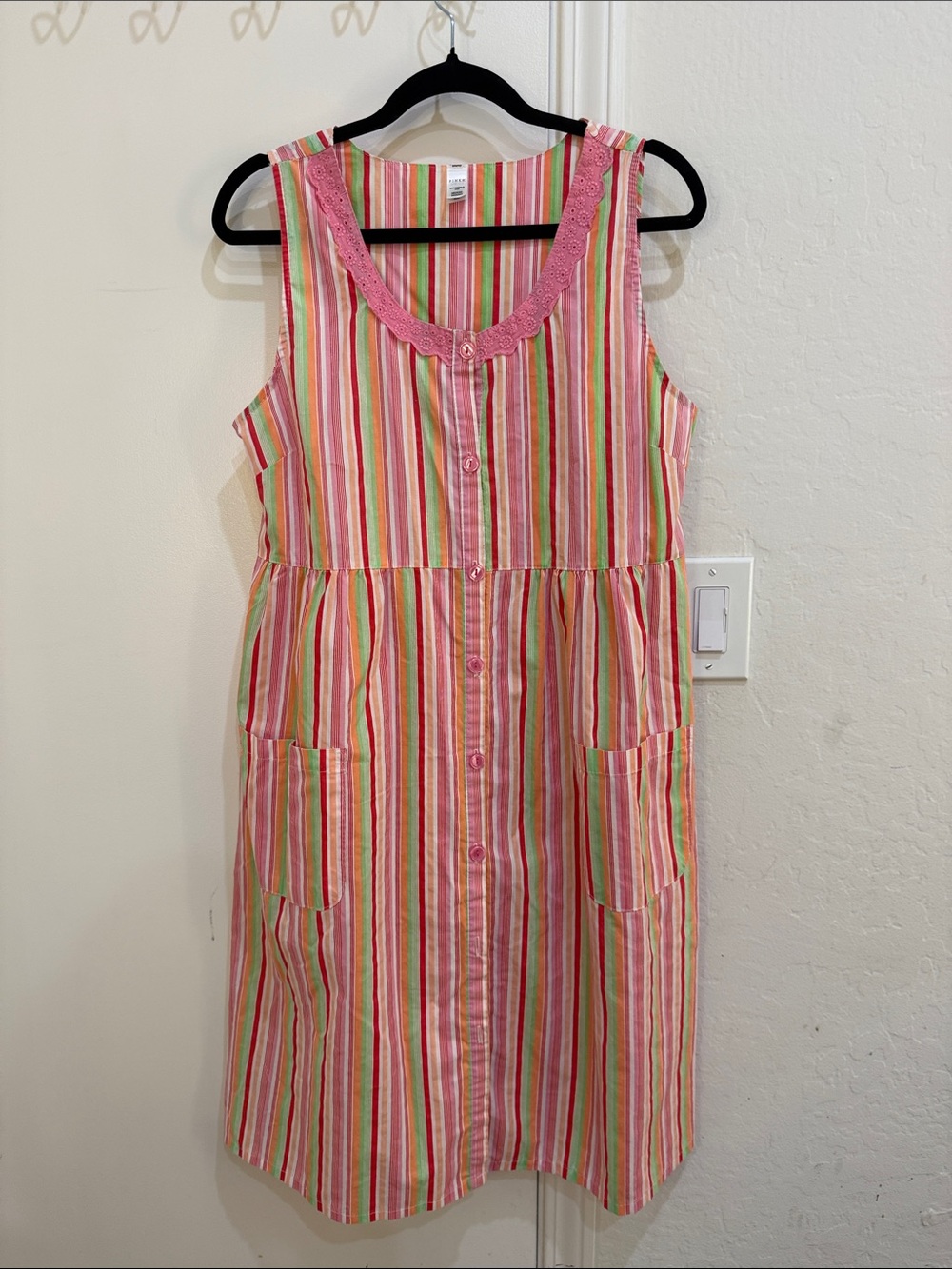 Vintage Sleeveless Pink Multi-Stripe Cotton Nightdress with Lace Trim